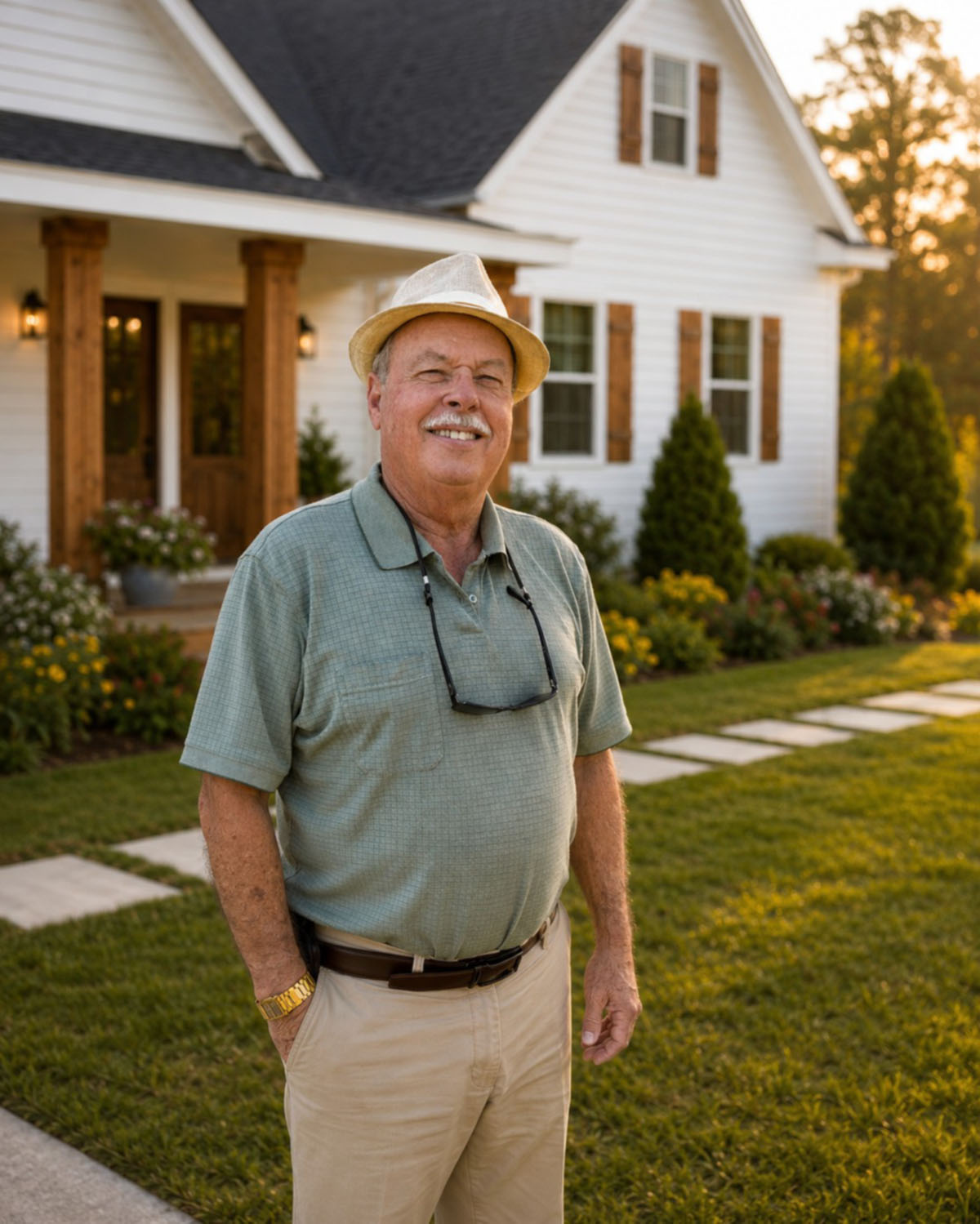Elwood Taylor standing in front of a custom-built home in coastal North Carolina