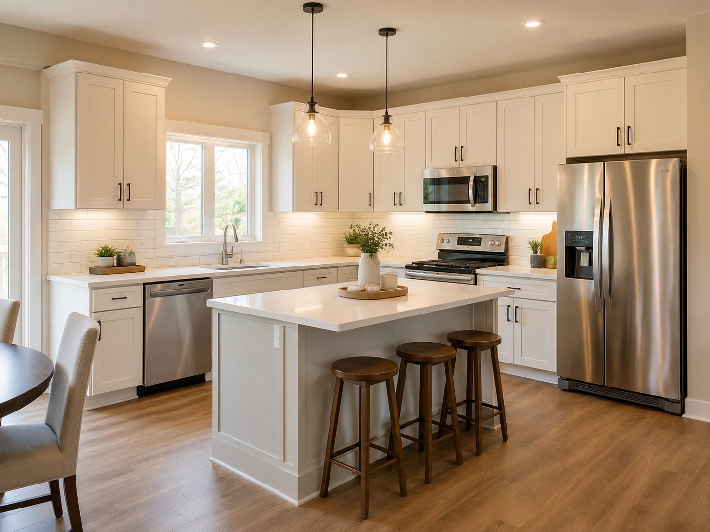 Custom-built kitchen with wood island and pendant lighting by E. Taylor Homes